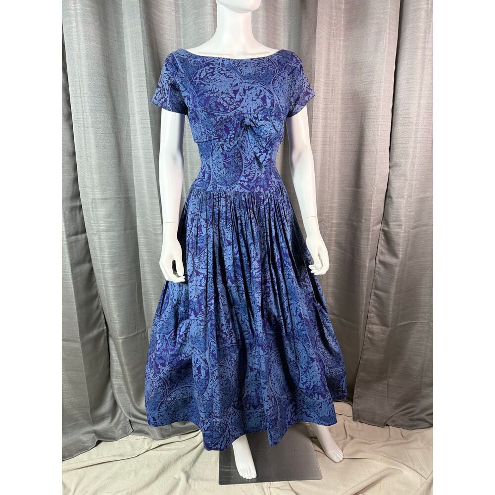 Vintage 50s Blue Cotton Paisley Floral Party Dress